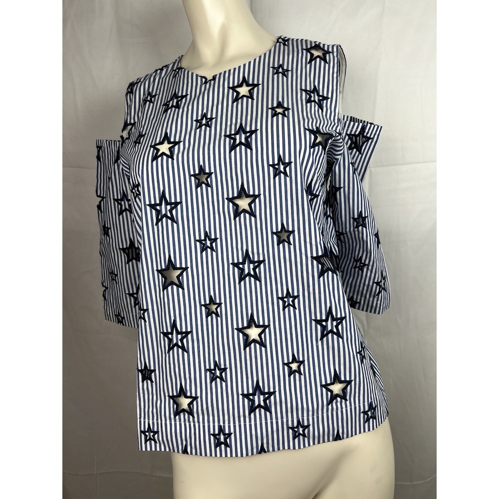 SANDRO Blue White Striped Cold Shoulder Embroidered Star Top Size 1